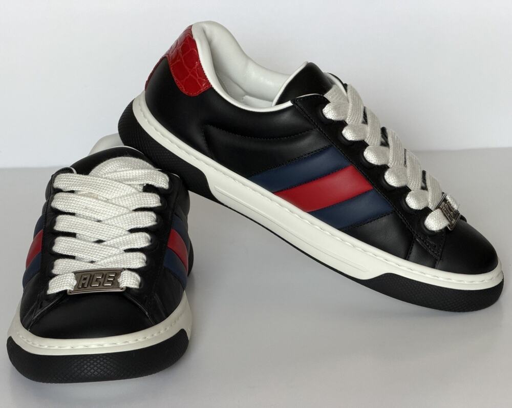 Gucci Ace Web Stripe Leather Sneakers Black Men’s 9.5 US (9 Gucci) 791394 NWT